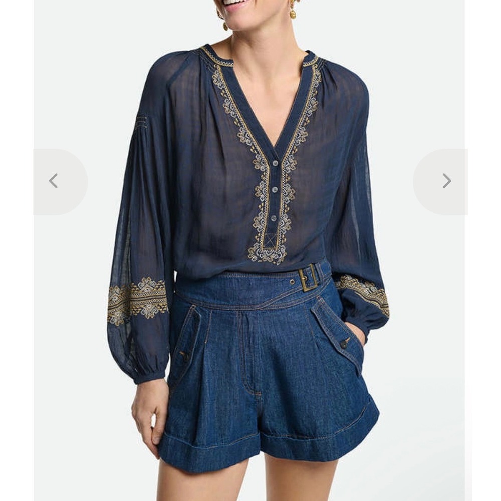 Vanessa Bruno Nipoa Embroidered Button Sheer Plaid Blouse Gold Navy Blue Medium